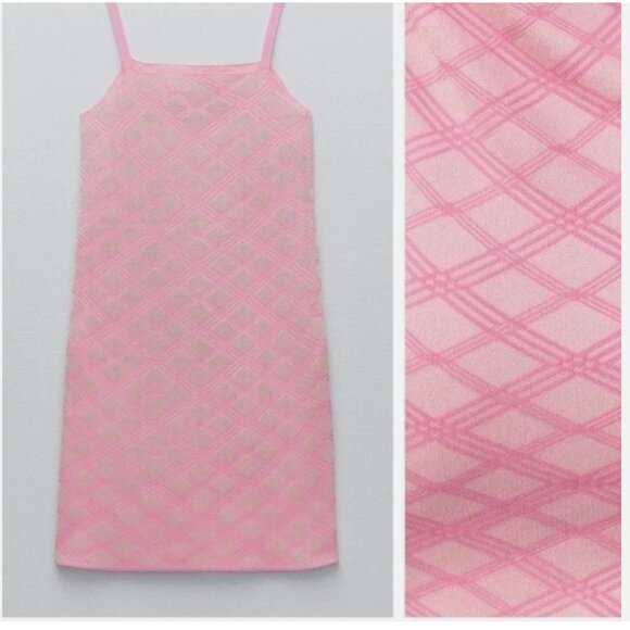 NWT Zara Diamond Jacquard Knit Textured Pink Square Neck Bodycon Mini Dress - Picture 2 of 5